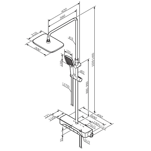 F078F222 Func, душ. система: см-ль-полка д/душа с ТМС: душ.штанга, верхн. душ квадр., ручн.душ, черн