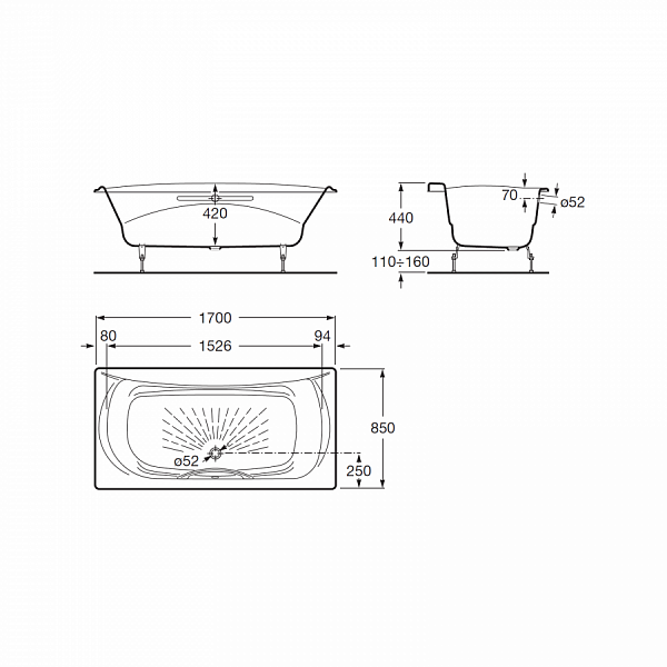 Чугунная ванна Roca Akira 170х85 с отверстием под ручку 2325G000R
