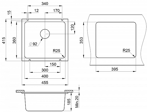 Мойка кухонная Granula квадратная кварц 3601, ШВАРЦ