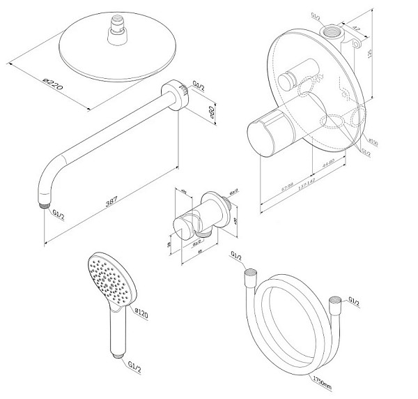 FP85A1RH20 X-Joy TouchReel, набор: нажимной см-ль д/в/душа, верхний душ 220 мм, держатель д/верхн.ду