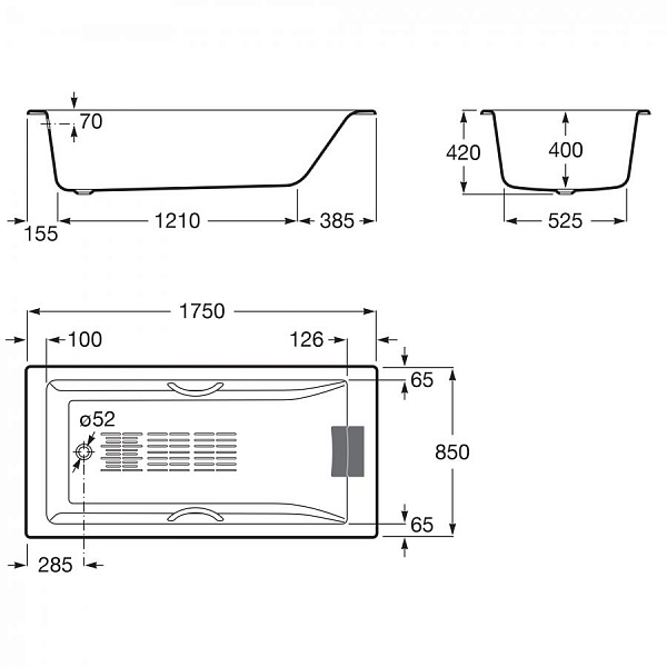 Чугунная ванна Roca Belice 175x85 ручки и подголовник в комплекте 233550000