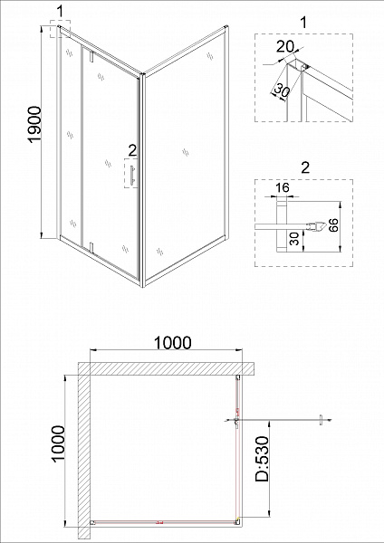 Душ. ограждение Niagara NG-0200-08 BLACK (1000х1000х1900) квадрат, дверь распашная, 1 место