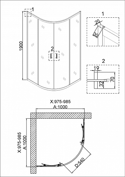 Душ. ограждение NG-6407-08 GOLD (100*100*190) полукруг, двери раздвижные, 1 место