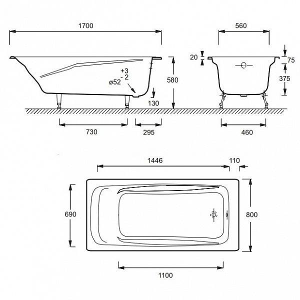 Чугунная ванна Jacob Delafon Repos 170x80  E2918-00