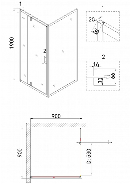Душ.ограждение NG-43-9AG-A90G (90*90*190) квадрат, дверь распашная, 2 места