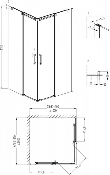 Душевой уголок Grossman GR-3100 Galaxy 100*100*190 квадрат, двери раздвижные