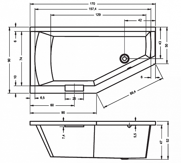 Акриловая ванна Riho Geta 170х90 правая B031009005
