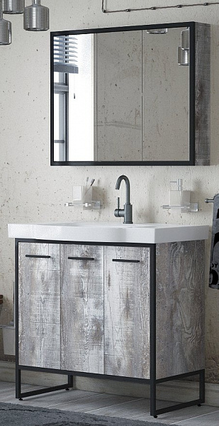 Тумба под раковину Corozo Айрон 90 с корзиной, черный/антик SD-00000386